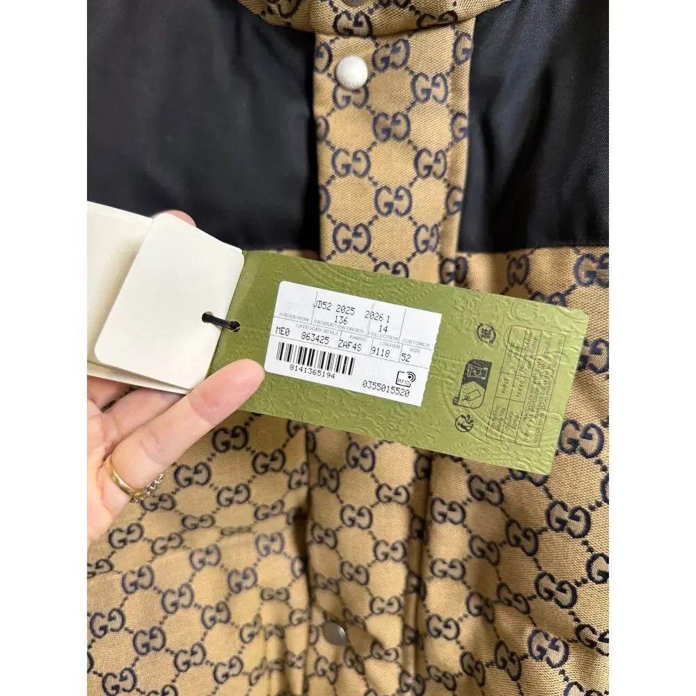 Gucci GG Monogram Down Jacket Navy Beige NWT Size 52 XL Hooded Puffer